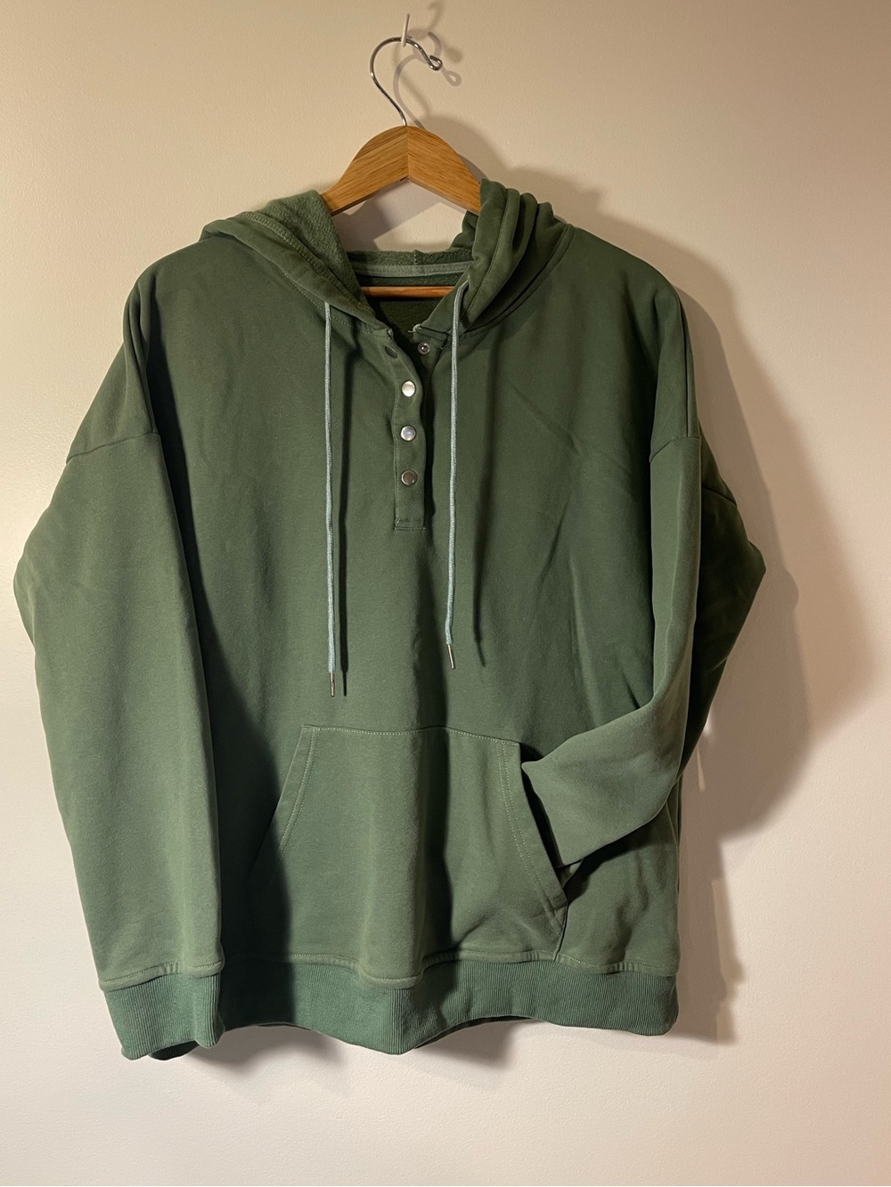 Olive Green Button Snap Henley Hooded Sweatshirt Kangaroo Pocket L